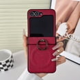 thumbnail image 1 of Case Designed for Samsung Galaxy Z Flip 7, Denim Texture PU Leather + PC Frame, Magnetic Wireless Charging Finger Ring Kickstand Anti-Scratch Drop Protective Shockproof Phone Cover - Red, 1 of 3