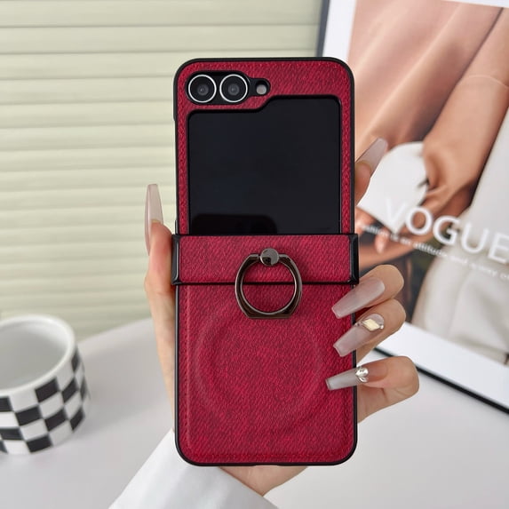 Case Designed for Samsung Galaxy Z Flip 7, Denim Texture PU Leather + PC Frame, Magnetic Wireless Charging Finger Ring Kickstand Anti-Scratch Drop Protective Shockproof Phone Cover - Red