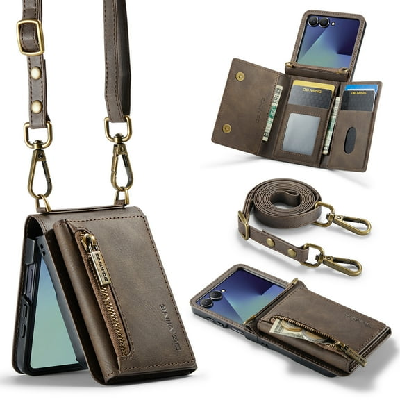 Case Designed for Samsung Galaxy Z Flip 7, Detachable Back Card Pockets, Magnetic Zipper PU Leather Kickstand Classic Rugged RFID Blocking Phone Case Cover for Samsung Galaxy Z Flip 7, Coffee