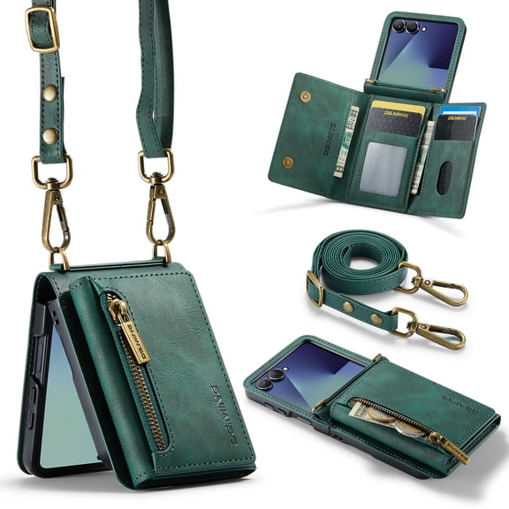 Case Designed for Samsung Galaxy Z Flip 7, Detachable Back Card Pockets, Magnetic Zipper PU Leather Kickstand Classic Rugged RFID Blocking Phone Case Cover for Samsung Galaxy Z Flip 7, Green