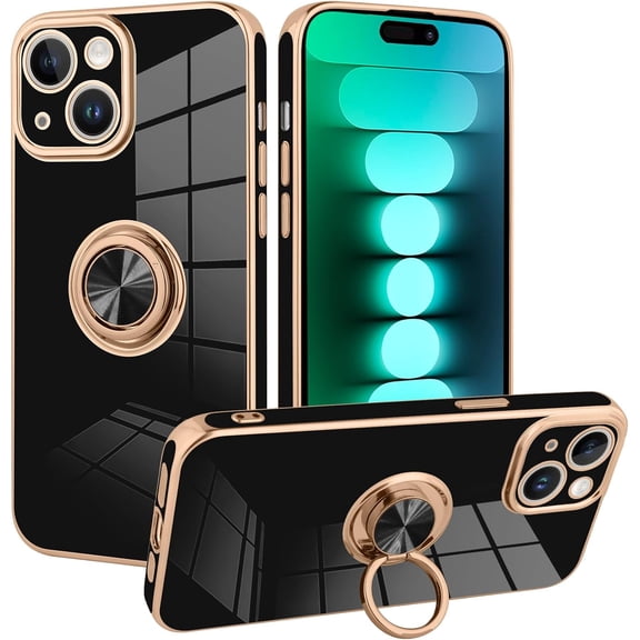 Case Designed for iPhone 15 with Phone Ring Stand Full Body Protection Plated Rose Gold Edge Luxury Case for Women Men-Black