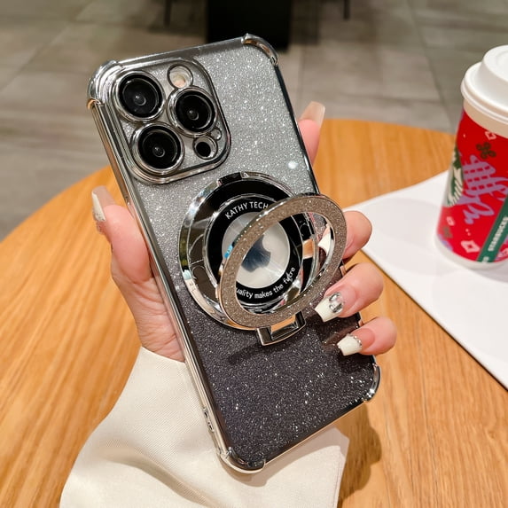 Case Designed for iPhone 12 with Phone Ring Stand, Glitter Shining Paper Clear Back Case, Built-in Camera Lens Protector, Wireless Charging, Shockproof Plating Phone Cover, Silver