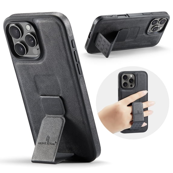 Case Designed for iPhone 12 Pro / 12 6.1", Classic PU leather Kickstand & Hand Grip, Support Magnetic Car Mount Shockproof Protective Ultra Slim Back Case Cover for iPhone 12 Pro / 12 6.1", Black