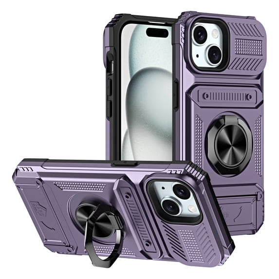 Case Designed for iPhone 14, Hybrid Back Case with Ring Stand & Hidden Card Slot & Support Magnetic Car Mount Shockproof Fall-Protection Slim Phone Cover for iPhone 14, Violet