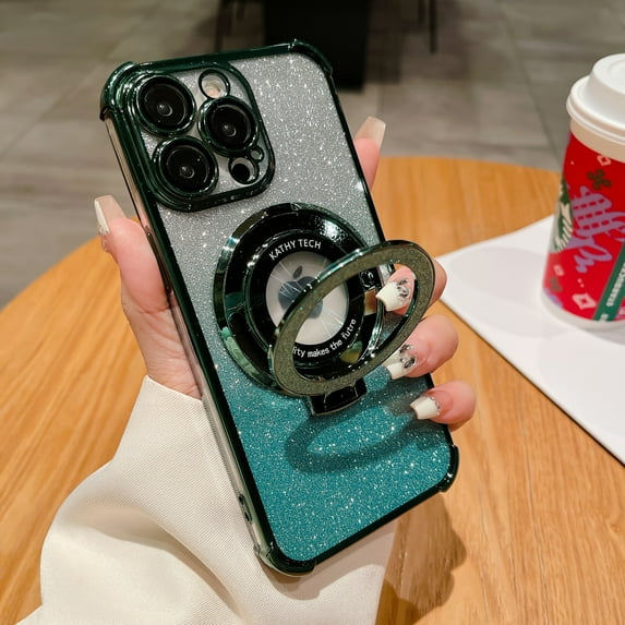 Case Designed for iPhone 14 with Phone Ring Stand, Glitter Shining Paper Clear Back Case, Built-in Camera Lens Protector, Wireless Charging, Shockproof Plating Phone Cover, Darkgreen
