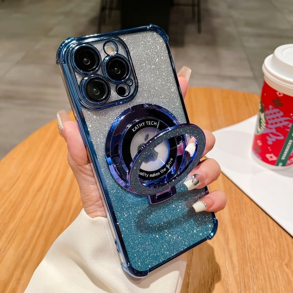 Case Designed for iPhone 14 Pro with Phone Ring Stand, Glitter Shining Paper Clear Back Case, Built-in Camera Lens Protector, Wireless Charging, Shockproof Plating Phone Cover, Blue