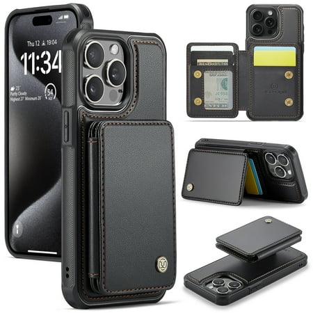 Case Designed for iPhone 15, Classic RFID Blocking Detachable Magnetic Card Slots Kickstand Durable Shockproof Protective Magnetic Buckle 2 In 1 Case for iPhone 15 - Black