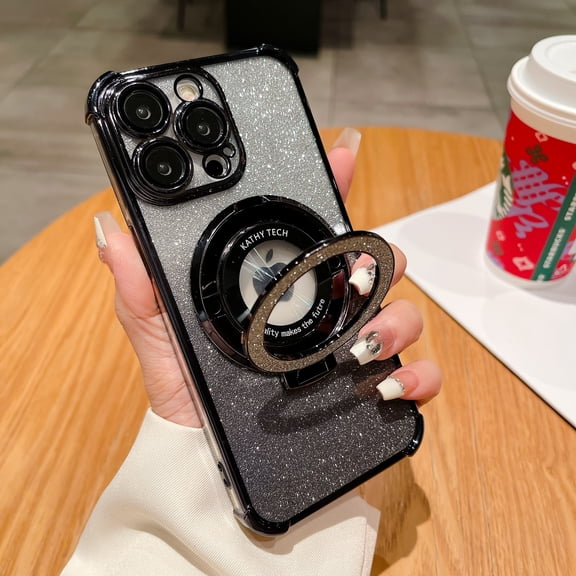 Case Designed for iPhone 15 with Phone Ring Stand, Glitter Shining Paper Clear Back Case, Built-in Camera Lens Protector, Wireless Charging, Shockproof Plating Phone Cover, Black