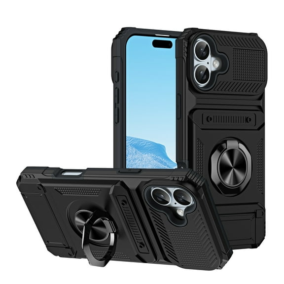 Case Designed for iPhone 16, Hybrid Back Case with Ring Stand & Hidden Card Slot & Support Magnetic Car Mount Shockproof Fall-Protection Slim Phone Cover for iPhone 16, Black