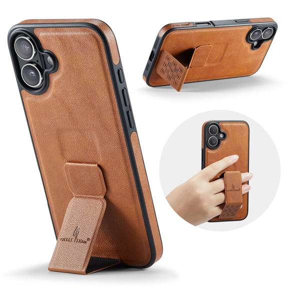 Case Designed for iPhone 16 Plus, Classic PU leather Kickstand & Hand Grip, Support Magnetic Car Mount Shockproof Protective Ultra Slim Back Case Cover for iPhone 16 Plus, Brown