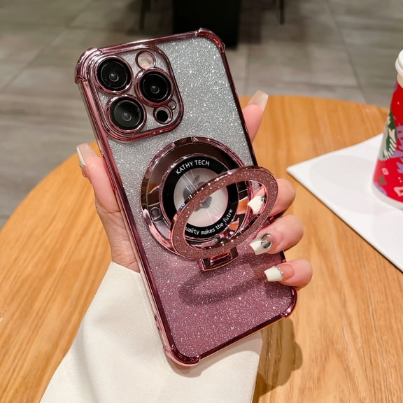 Case Designed for iPhone 16 Plus with Phone Ring Stand, Glitter Shining Paper Clear Back Case, Built-in Camera Lens Protector, Wireless Charging, Shockproof Plating Phone Cover, Rosegold