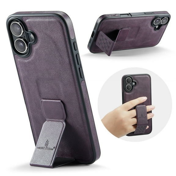 Case Designed for iPhone 17, Classic PU leather Kickstand & Hand Grip, Support Magnetic Car Mount Shockproof Protective Ultra Slim Back Case Cover for iPhone 17, Purple