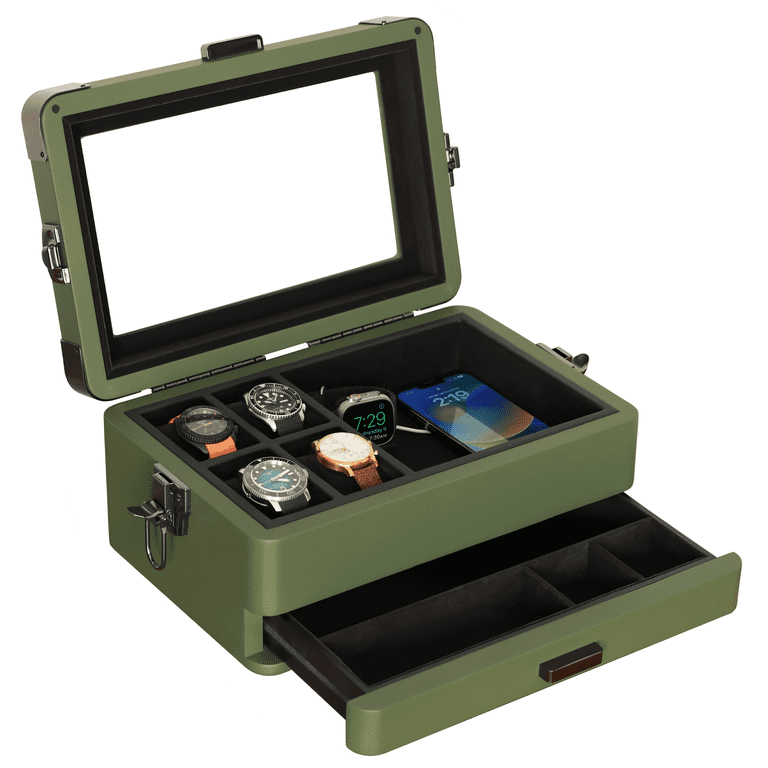 Case Elegance Military 10 Slot Watch Box Case Organizer for Men Real Glass Top Modular Valet Tray Compatible with Apple Watch Stand Accessory