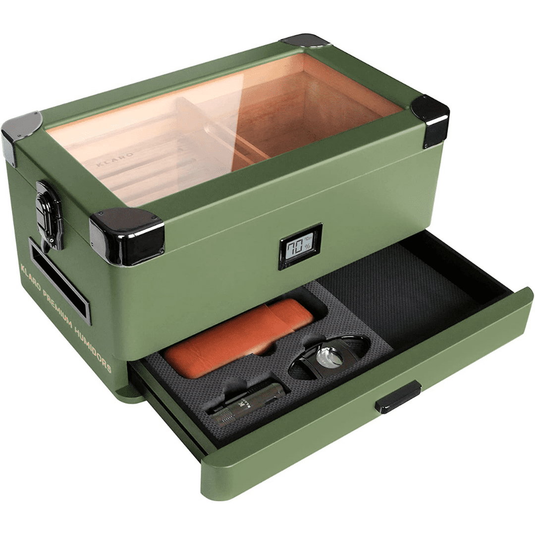 Case Elegance Military Glass Top Humidor, Spanish Cedar, Matte Green with Front Hygrometer Holds 70-100 Cigars