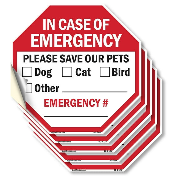 In Case of Emergency Please Save Our Pets  Dog  Cat  Bird Other Emergency # (5 Pack) 6 inch X 6 inch Octagon Vinyl Label Decal Sticker Weather Resistant, UV Protected for Workplace,