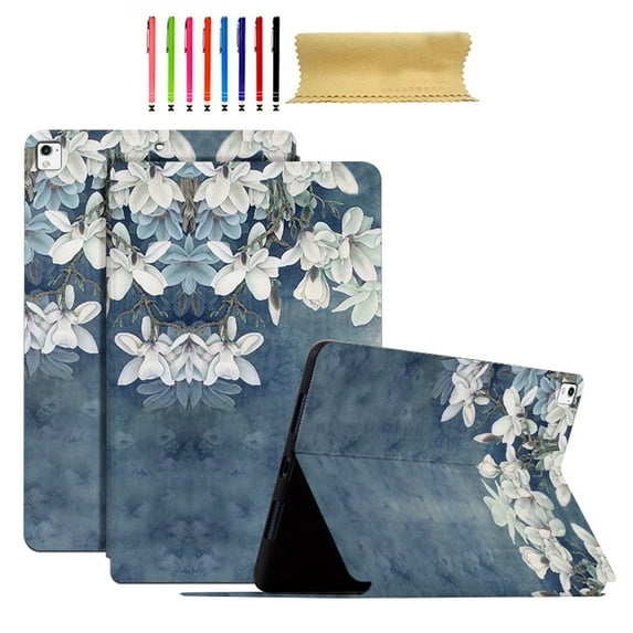 Case Fit for iPad 6th Gen 9.7" 2018/5th Gen 9.7" 2017/Pro 9.7" 2016, Lightweight Smart Shell Multi-angle Viewing Kickstand Cover with Flower Pattern, Auto Wake/Sleep Magnetic Case, White Flowers