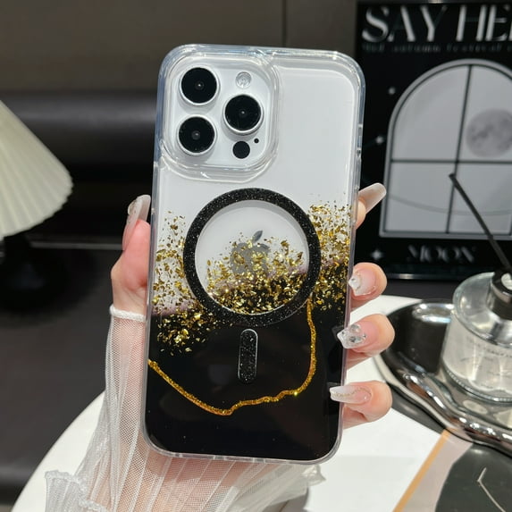 Case Fit for iPhone 14 Pro Max (Compatible with Mag-Safe) Glitter Bling Gold Foil Drip Glitter Case Shockproof Protection Anti-Scratch Anti-fall Magnetic Phone Cover for Women Men,Black
