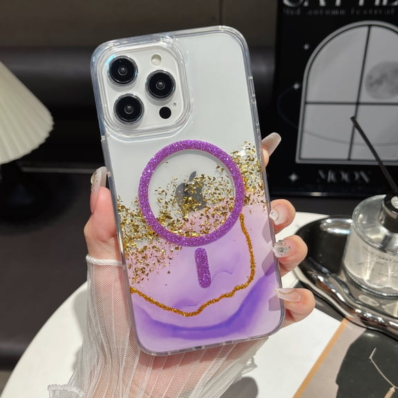 Case Fit for iPhone 16 Pro Max (Compatible with Mag-Safe) Glitter Bling Gold Foil Drip Glitter Case Shockproof Protection Anti-Scratch Anti-fall Magnetic Phone Cover for Women Men,Purple