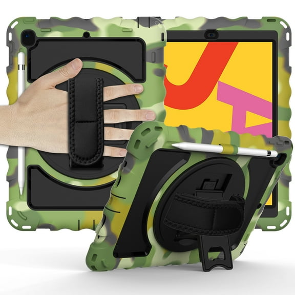 Case For Apple New iPad 9.7 inch Hybrid 3in1 Rugged Built-in Kickstand 360 Rotatable Stand & Shoulder Hand Strap Corner Shockproof Tablet Cover [ Camouflage ]