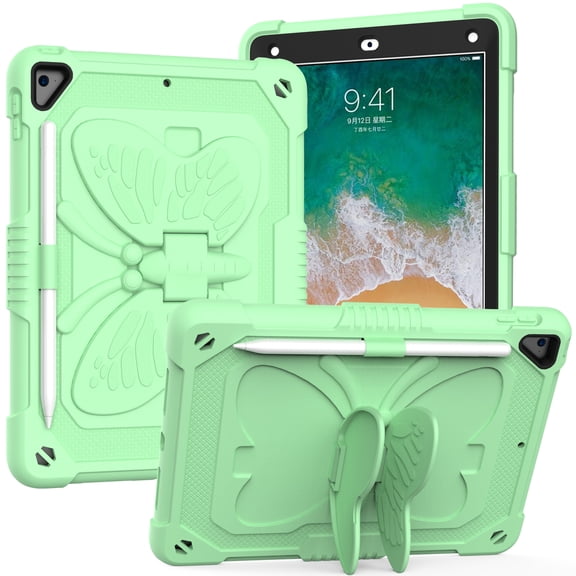 Case For Apple iPad iPad 8 / 7 (10.2 inch) Butterfly Wings Kickstand Tough Hybrid with Pencil Holder Heavy Duty Rugged Shockproof Tablet Cover [ Green ]