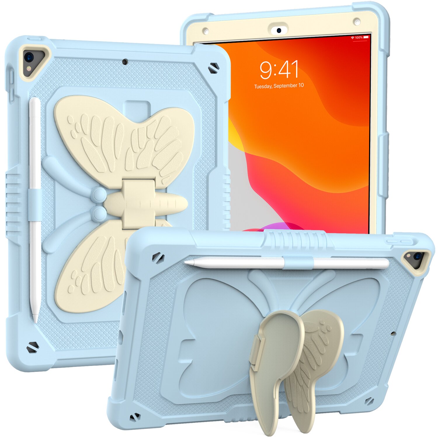 Case For Apple iPad Air (11 inch) 2024 Butterfly Wings Kickstand Tough 3in1 Hybrid with Pencil Holder Rugged Shockproof with Shoulder Strap Tablet Cover [ Light Blue ]