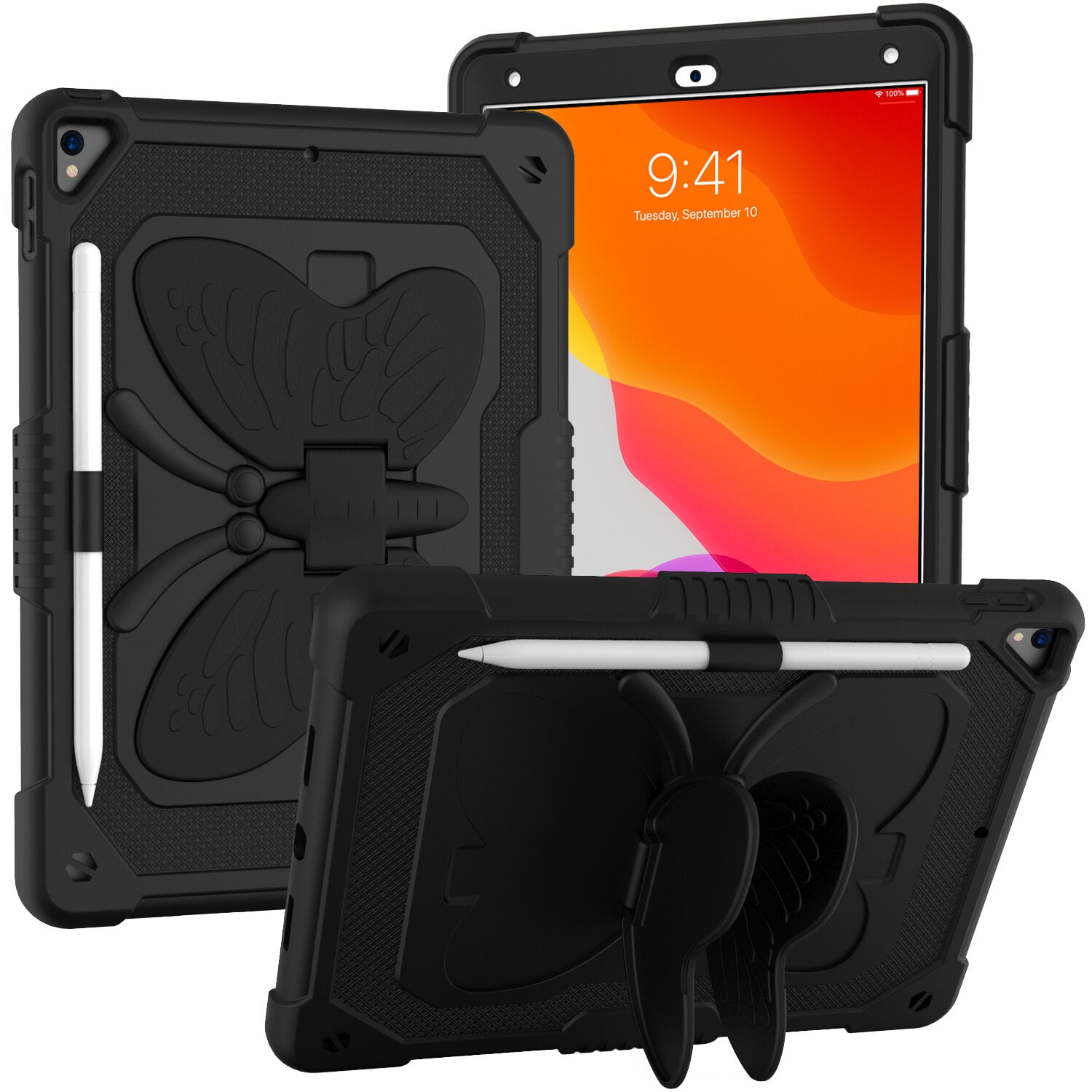 Case For Apple iPad Pro (11 inch) 2024 Butterfly Wings Kickstand Tough 3in1 Hybrid with Pencil Holder Rugged Shockproof with Shoulder Strap Tablet Cover [ Black ]