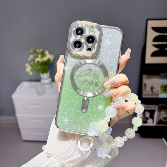 Case For Apple iPhone 11,With 3D Bling Colorful Meteorite Pattern Bracelet Wrist Chain,Gradient Bling Luxury Plating Soft Case Mag Safe Magnetic Phone Shell - green
