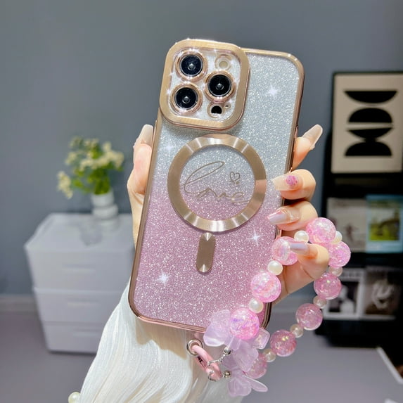 Case For Apple iPhone 12,With 3D Bling Colorful Meteorite Pattern Bracelet Wrist Chain,Gradient Bling Luxury Plating Soft Case Mag Safe Magnetic Phone Shell - pink