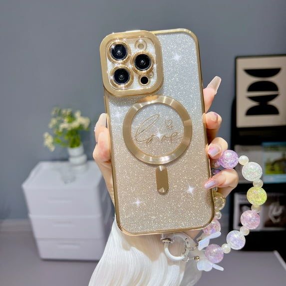 Case For Apple iPhone 13 Pro Max,With 3D Bling Colorful Meteorite Pattern Bracelet Wrist Chain,Gradient Bling Luxury Plating Soft Case Mag Safe Magnetic Phone Shell - gold