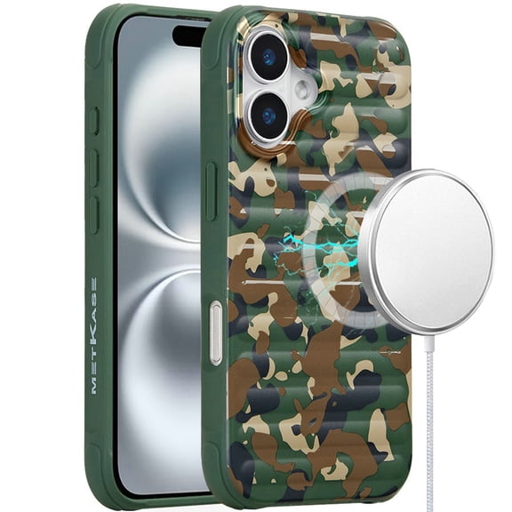 Case For Apple iPhone 16 Plus (6.7") Pattern Design Magnetic Chrome Hybrid Compatible with Magsafe Dual Layer Shockproof TPU Hard PC Back Phone Cover for iPhone 16 Plus, Green Camo