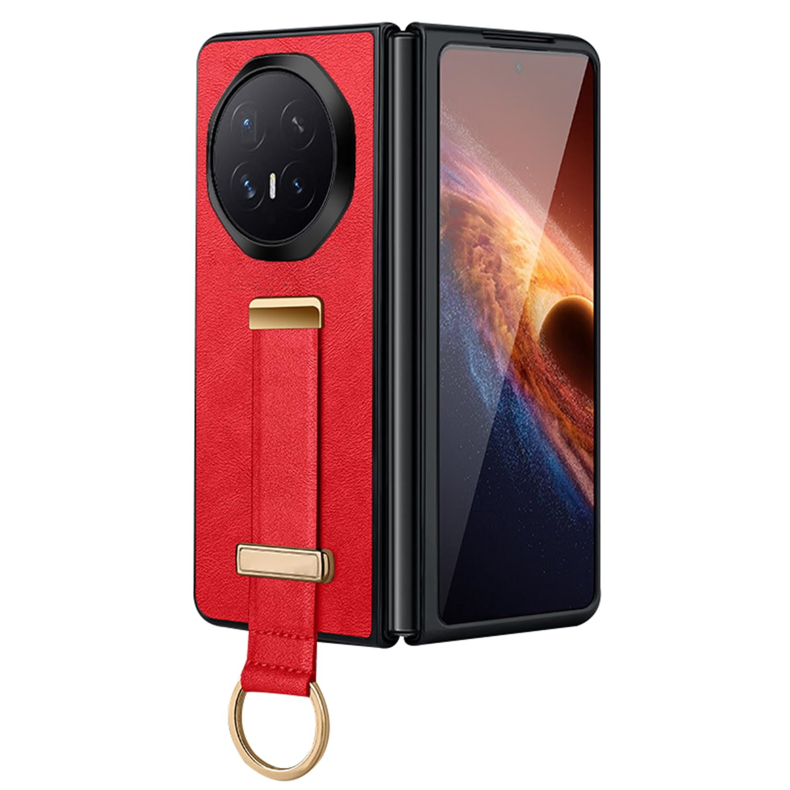 Case For Huawei Honor Magic V6, PU Leather Cover With Wristlet Camera Protective Kickstand Shell