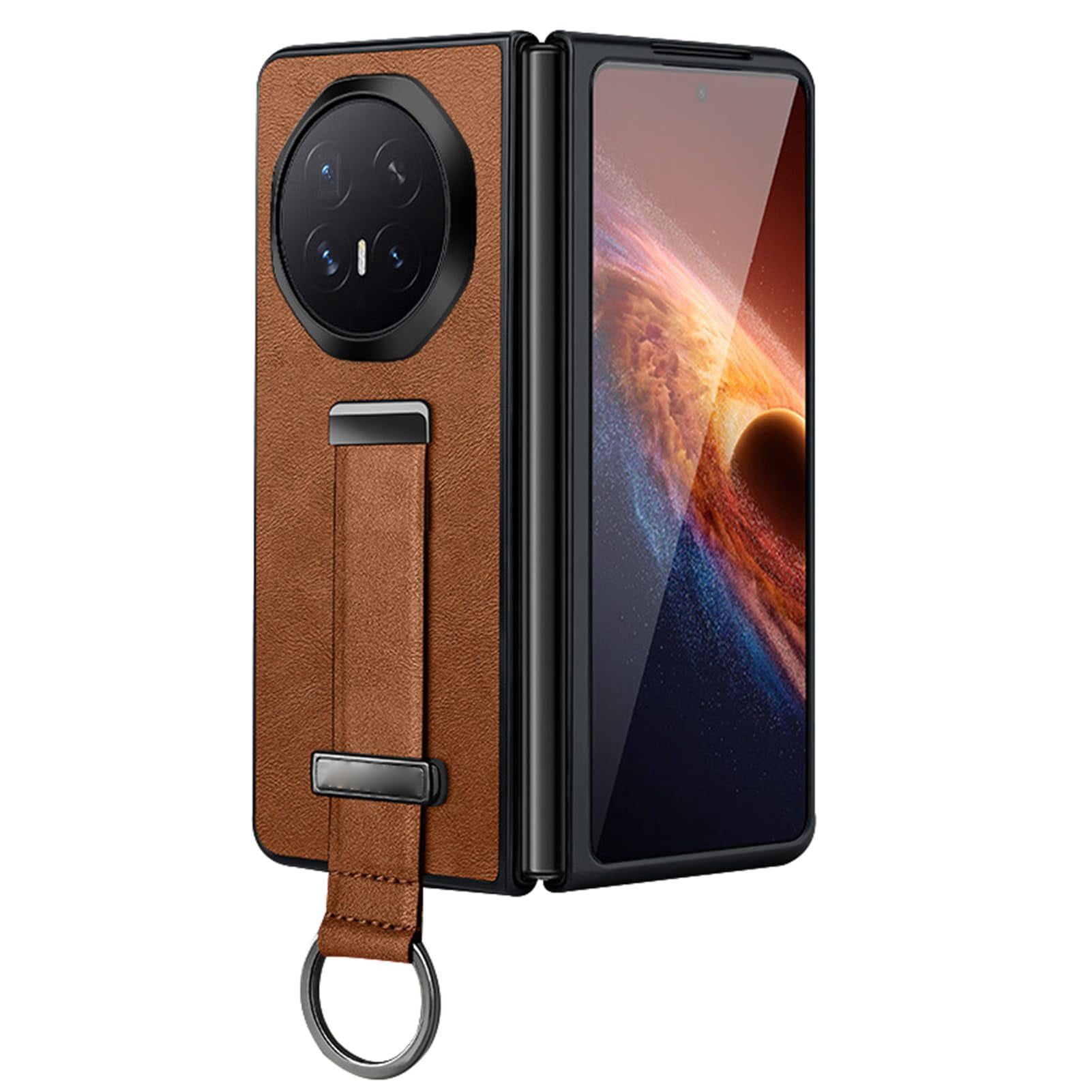 Case For Huawei Honor Magic V6, PU Leather Cover With Wristlet Camera Protective Kickstand Shell