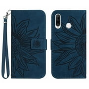 Case for Huawei P30 Lite Short Strap Flip Wallet Phone Case Embossed Sunflower Luxury PU Leather With Card Slots Holder