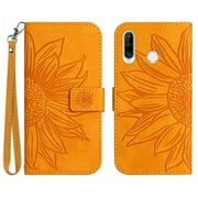 Case for Huawei P30 Lite Short Strap Luxury PU Leather Flip Wallet Phone Case Embossed Sunflower With Card Slots Holder