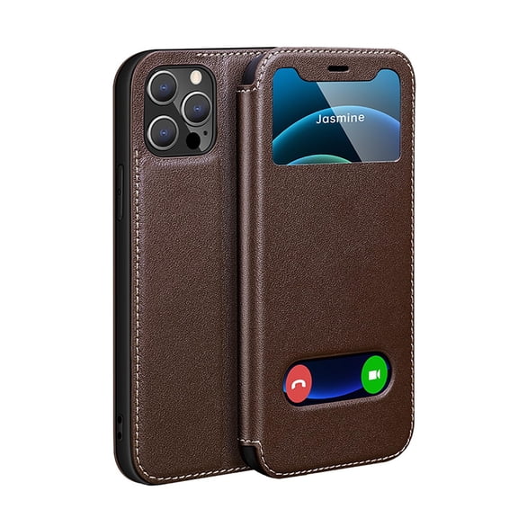 Case For IPhone 16/16 Pro/16 Pro Max/16 Plus, Genuine Leather Flip Stand Cover HD Viewing Window Phone Case Shockproof Anti-scratch Shell
