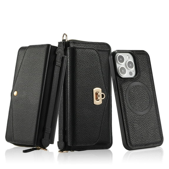 Case For IPhone 16/16 Pro/16 Pro Max/16 Plus, Magnetic Flip Zipper Wallet Phone Case RFID Protective Dropproof CoverCard Holder Shoulder Strap Shell