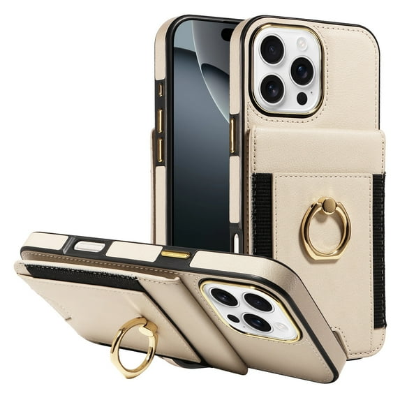 Case For IPhone 16 Pro Max/16 Plus/16 Pro/16 , Ring Kickstand Card Slots Case Magnetic Suction Leather Cover RFID Blocking Shell