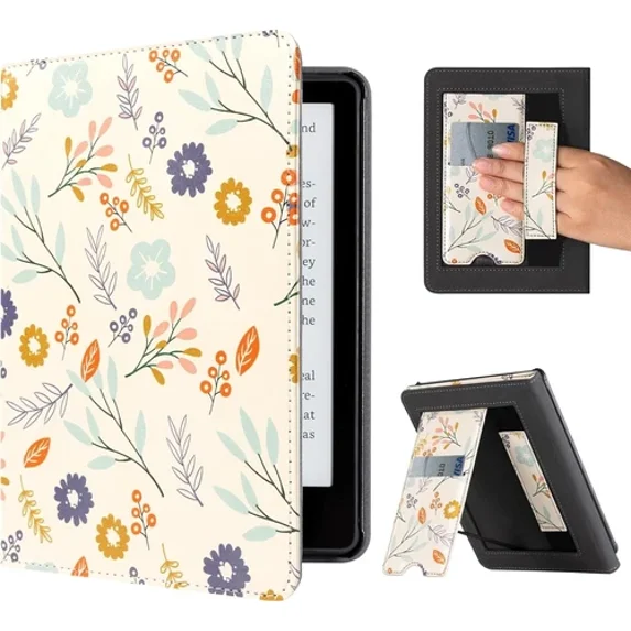 Case For Kindle - Flower Leather Cover W/ Auto Sleep Wake, Hand Strap, Card Slot