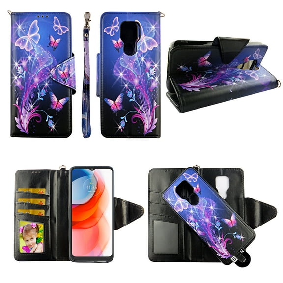 Case For Moto G Play 2021 Detachable Magnetic Wallet Pu Leather Cover Flap Closure Snap-on Book Style Cases Cash Pocket with Card Slots Holder Wrist Strap 2 in 1 Folio Galaxy Butterfly