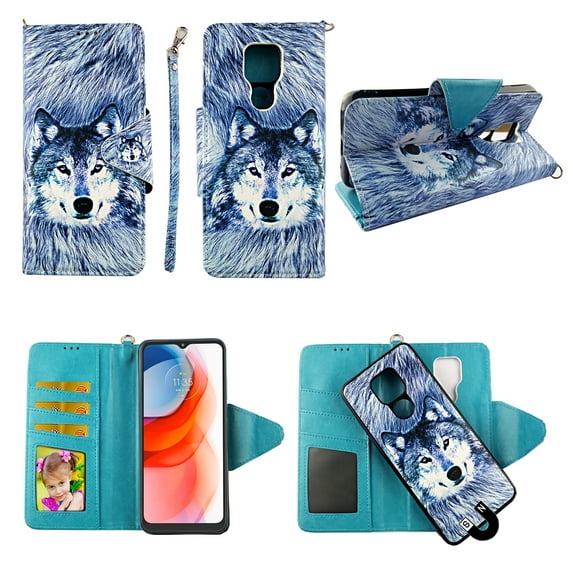 Case For Moto G Play 2021 Detachable Magnetic Wallet Pu Leather Cover Flap Closure Snap-on Book Style Cases Cash Pocket with Card Slots Holder Wrist Strap 2 in 1 Folio Snow Wolf