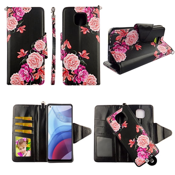 Case For Moto G Power 2021 Detachable Magnetic Wallet Pu Leather Cover Flap Closure Snap-on Book Style Cases Cash Pocket with Card Slots Holder Wrist Strap 2 in 1 Folio Flower Black