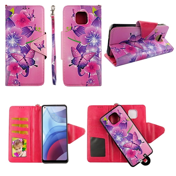 Case For Moto G Power 2021 Detachable Magnetic Wallet Pu Leather Cover Flap Closure Snap-on Book Style Cases Cash Pocket with Card Slots Holder Wrist Strap 2 in 1 Folio Pk Butterfly Flower