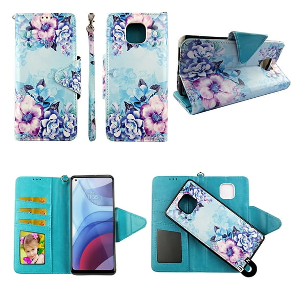 Case For Moto G Power 2021 Detachable Magnetic Wallet Pu Leather Cover Flap Closure Snap-on Book Style Cases Cash Pocket with Card Slots Holder Wrist Strap 2 in 1 Folio Flower on Blue