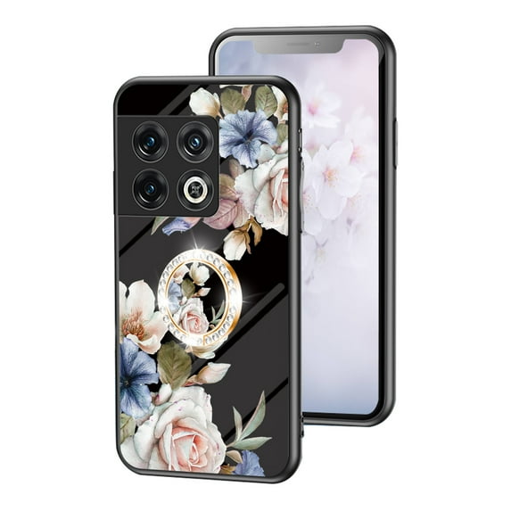 Case For OnePlus 10 Pro 5G Beautiful Glass Texture Metal Ring Kickstand Flower Pattern Luxury Magnetic Car Mounts Shockproof Protective Cover For OnePlus 10 Pro 5G,Black
