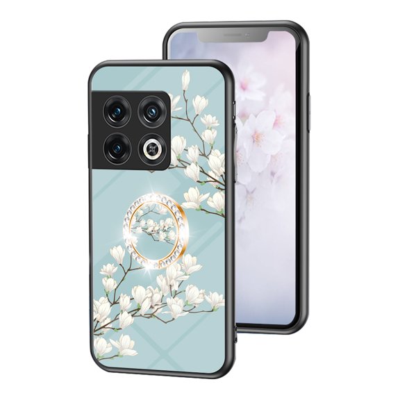 Case For OnePlus 10 Pro 5G Beautiful Glass Texture Metal Ring Kickstand Flower Pattern Luxury Magnetic Car Mounts Shockproof Protective Cover For OnePlus 10 Pro 5G,Gardenia