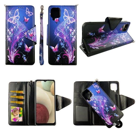 Case For Samsung Galaxy A12 5G Detachable Magnetic Wallet Pu Leather Cover Flap Closure Snap-on Book Style Cases Cash Pocket with Card Slots Holder Wrist Strap 2 in 1 Folio Galaxy Butterfly