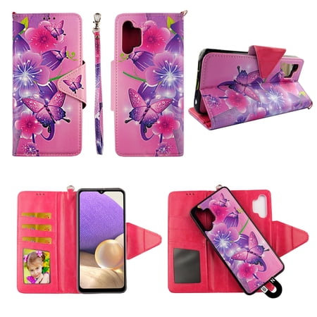 Case For Samsung Galaxy A32 5G Detachable Magnetic Wallet Pu Leather Cover Flap Closure Snap-on Book Style Cases Cash Pocket with Card Slots Holder Wrist Strap 2 in 1 Folio Pk Butterfly Flower