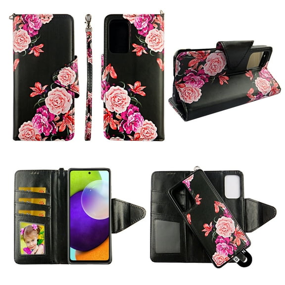 Case For Samsung Galaxy A52 4G 5G & A52S Detachable Magnetic Wallet Pu Leather Cover Flap Closure Snap-on Book Style Cases Cash Pocket with Card Slots Holder Wrist Strap 2 in 1 Folio Flower Black