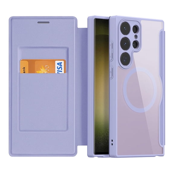Case For Samsung Galaxy S24/S24 Plus/S24 Ultra, Clear Magnetic Flip Case Wireless Charging Card Wallet Shell RFID Anti-theft Brush Cover