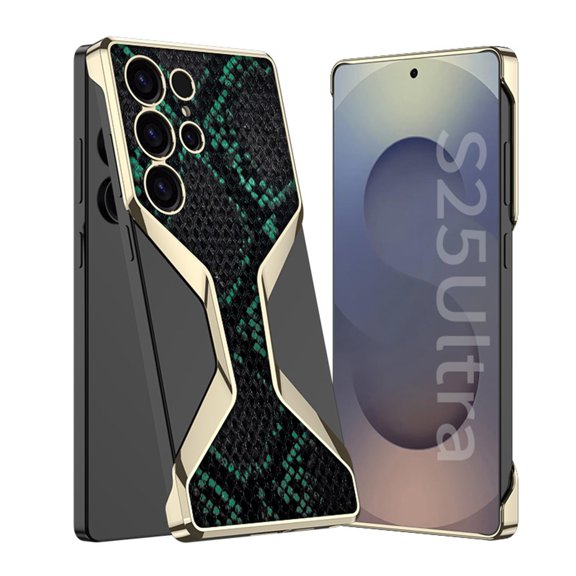 Case For Samsung Galaxy S25 Ultra, Ultra-Thin Metal Frameless Cover Python Pattern Leather Case Wireless Charging Shell